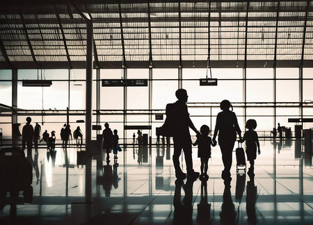showing silhouette figures of family members inside an airport terminal. travel with family conceptの素材