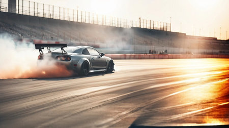 sports car performing burnout or drifting on racing trackの素材