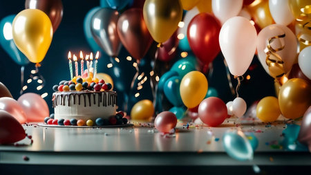 birthday and anniversary cake celebration with balloons and party decorationの素材