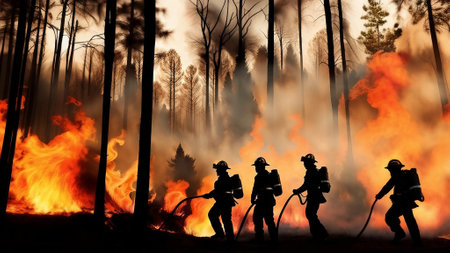 silhouette of a firefighter as the forest is burning and full of smokeの素材