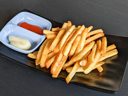 french fries with sauce and mayonnaise on black backgroundの写真素材