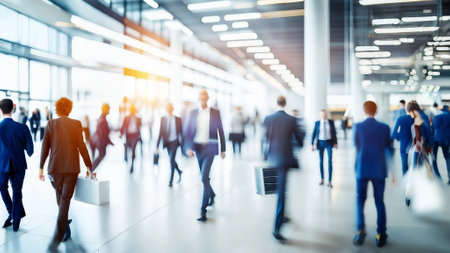 blurred business people walking at conference or modern hallの素材