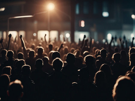 silhouette of crowd of people demonstratingの素材