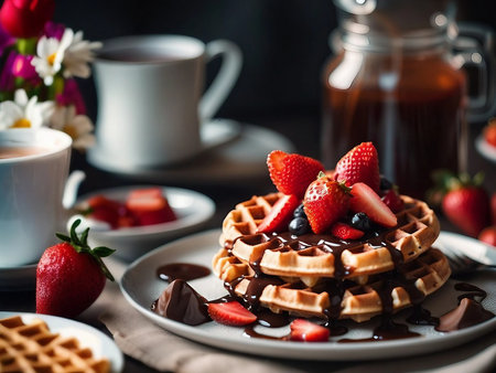 chocolate and strawberry fresh baked wafflesの素材