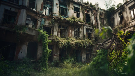 The haunted building has been abandoned for a long time, filled with plants and wild grass. horror and mystery conceptの素材