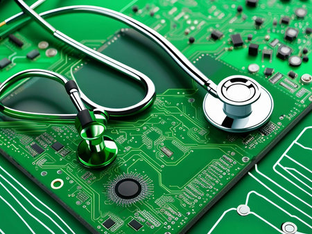 health and technology stethoscope on circuit board, health and AI robot conceptの素材