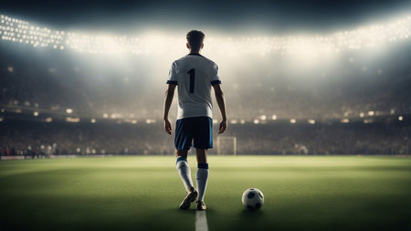 a young soccer player standing in a dream soccer stadiumの素材