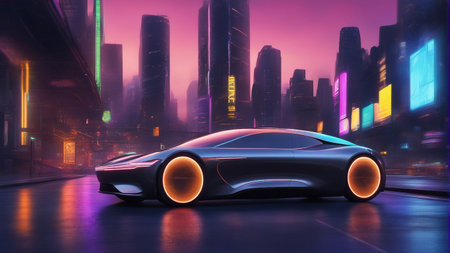 A sleek, futuristic electric car glides through a neon-lit cityscapeの素材
