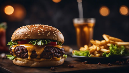 perfectly grilled burger with a dark and moody backgroundの素材