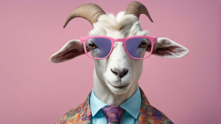 Cool looking goat wearing funky fashion dress jacket, tie, glasses on pastelの素材