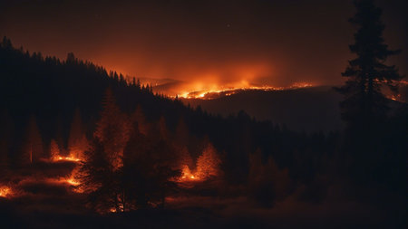 forest fire at night burning trees and foggyの素材