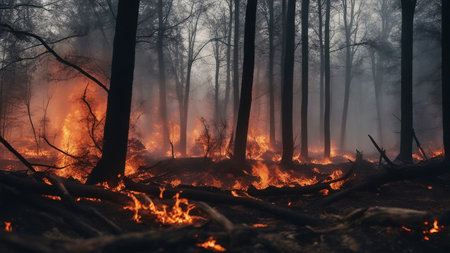 forest fire at night burning trees and foggyの素材