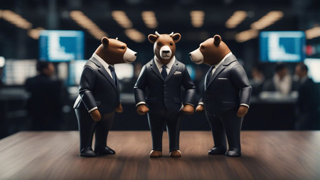 bulls and bears wear suits facing each other. bearish vs bullish conceptの素材