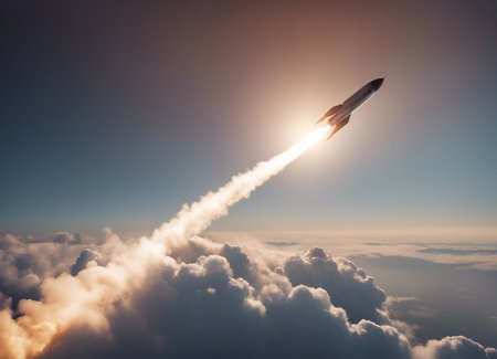 A sleek, metallic rocket soaring through the clouds, leaving a trailの素材