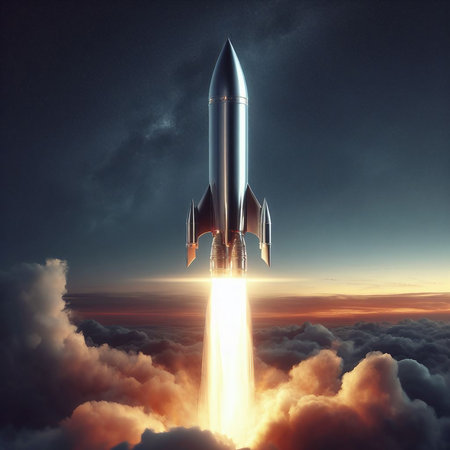 A sleek, metallic rocket soaring through the clouds, leaving a trailの素材