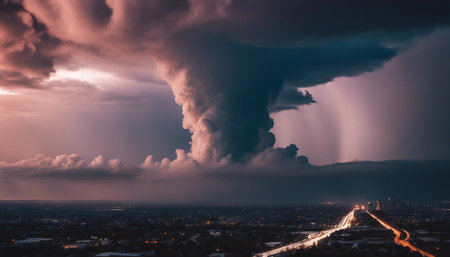 extreme tornado cloud. storm clouds over a cityの素材