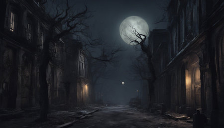 A dark and mysterious night, with a full moon casting eerie shadows on the abandoned streetsの素材