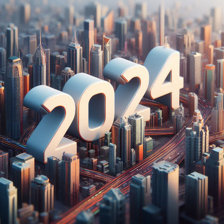 modern futuristic 2024 3D text on city background. new year conceptの素材