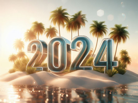 modern 2024 3D text on tropical beach backgroundの素材