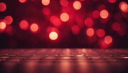Red background with bokeh defocused lights and snowflakesの素材