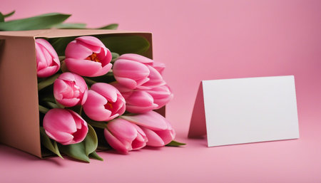 Bouquet of pink tulips with blank card on pink backgroundの素材