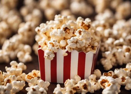 Popcorn in paper box on wooden background. Selective focus.の素材