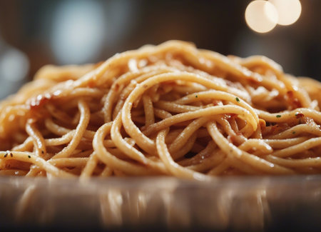 Spaghetti with tomato sauce on a plate, close-up.の素材