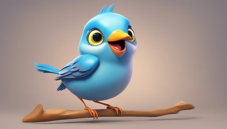 Blue bird character on a branch. 3d illustration in cartoon styleの素材