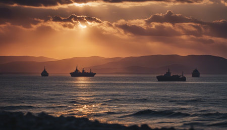 Cargo ships at sunset on the Adriatic Sea in Montenegroの素材