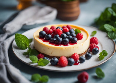 Cheesecake with raspberries and blueberries, selective focusの素材