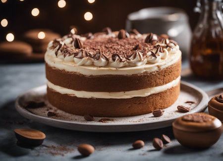 Tiramisu cake with chocolate and cocoa powder, selective focusの素材