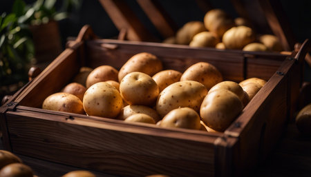 Potatoes in a wooden box on a dark background. Close-up.の素材