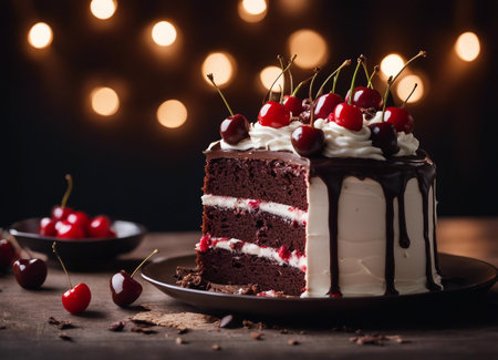 Chocolate cake with cherries on a wooden table. Dark background.の素材