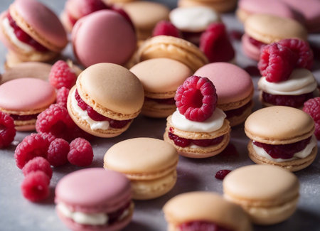 Colorful macaroons with raspberries, selective focus.の素材