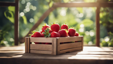 Strawberries in a wooden box on a table in the gardenの素材