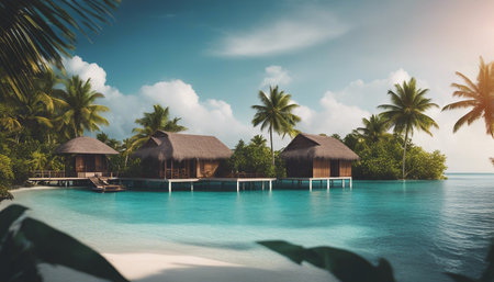 tropical beach with water bungalows and palm trees at Maldivesの素材