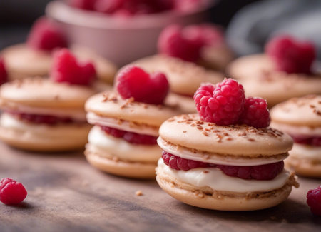 Tasty macaroons with raspberries on wooden background.の素材