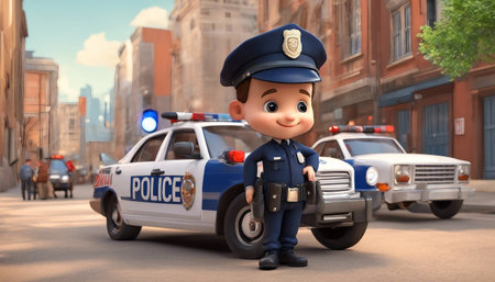 3d rendering of a policeman and police car on a city streetの素材