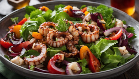 Salad with octopus, tomatoes, red onion and green lettuceの素材