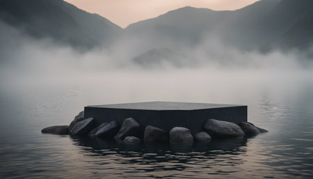 3d render of podium on a lake with fog in the backgroundの素材