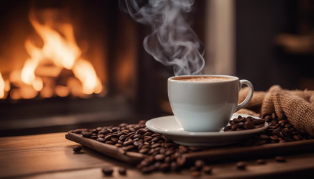 Coffee cup and coffee beans on wooden table in front of fireplaceの素材