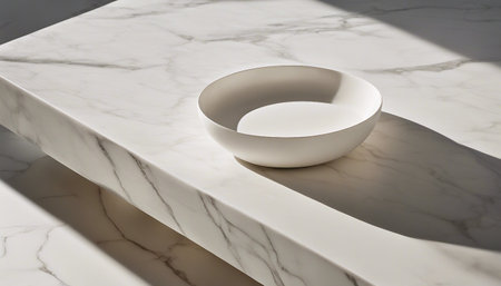 White ceramic bowl on white marble countertop. 3d render.の素材