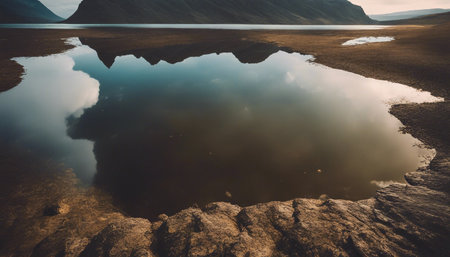 Icelandic landscape with lake and reflection in water. Long exposure.の素材