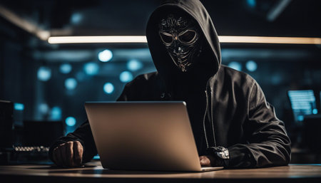 Hacker in mask stealing data from laptop at night. Cybercrime conceptの素材