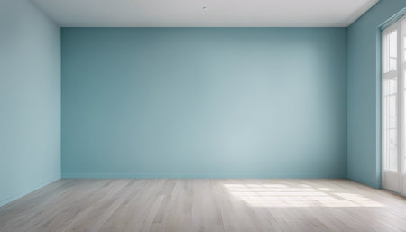 Empty room with blue wall and wooden floor. 3d rendering.の素材