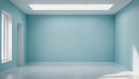 Interior of empty room with blue wall and white floor. 3d renderingの素材