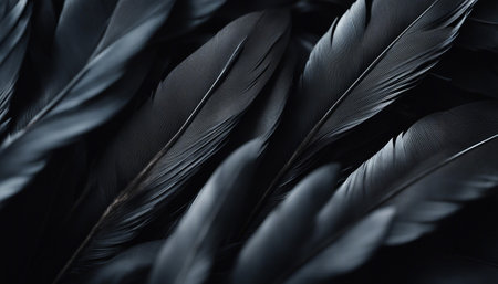 Black feathers background. Close up of black feathers texture. Black feathers background.の素材