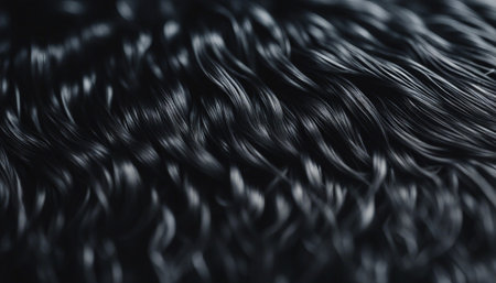 Black hair texture background. Close up of black curly hair texture.の素材