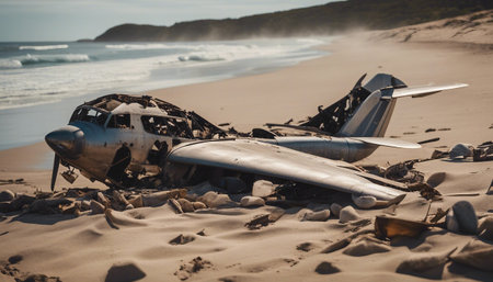Abandoned airplane wreck on the beach of Atlantic oceanの素材