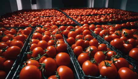 Ripe red tomatoes on a conveyor belt in a factory.の素材